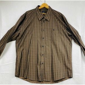 Cotton Reel Mens Button Front Shirt Brown Gray Geometric Long Sleeve Pocket XXL